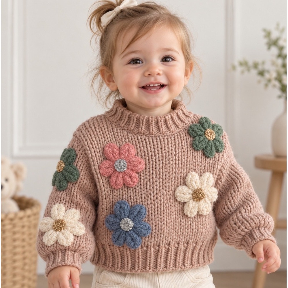 Tullabee Altar'd State Baby Girl Floral Appliqué Chunky Knit Sweater 12-18M